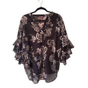 Vince Camuto Womens Black White Paisley Ruffle Sleeve Blouse Size L